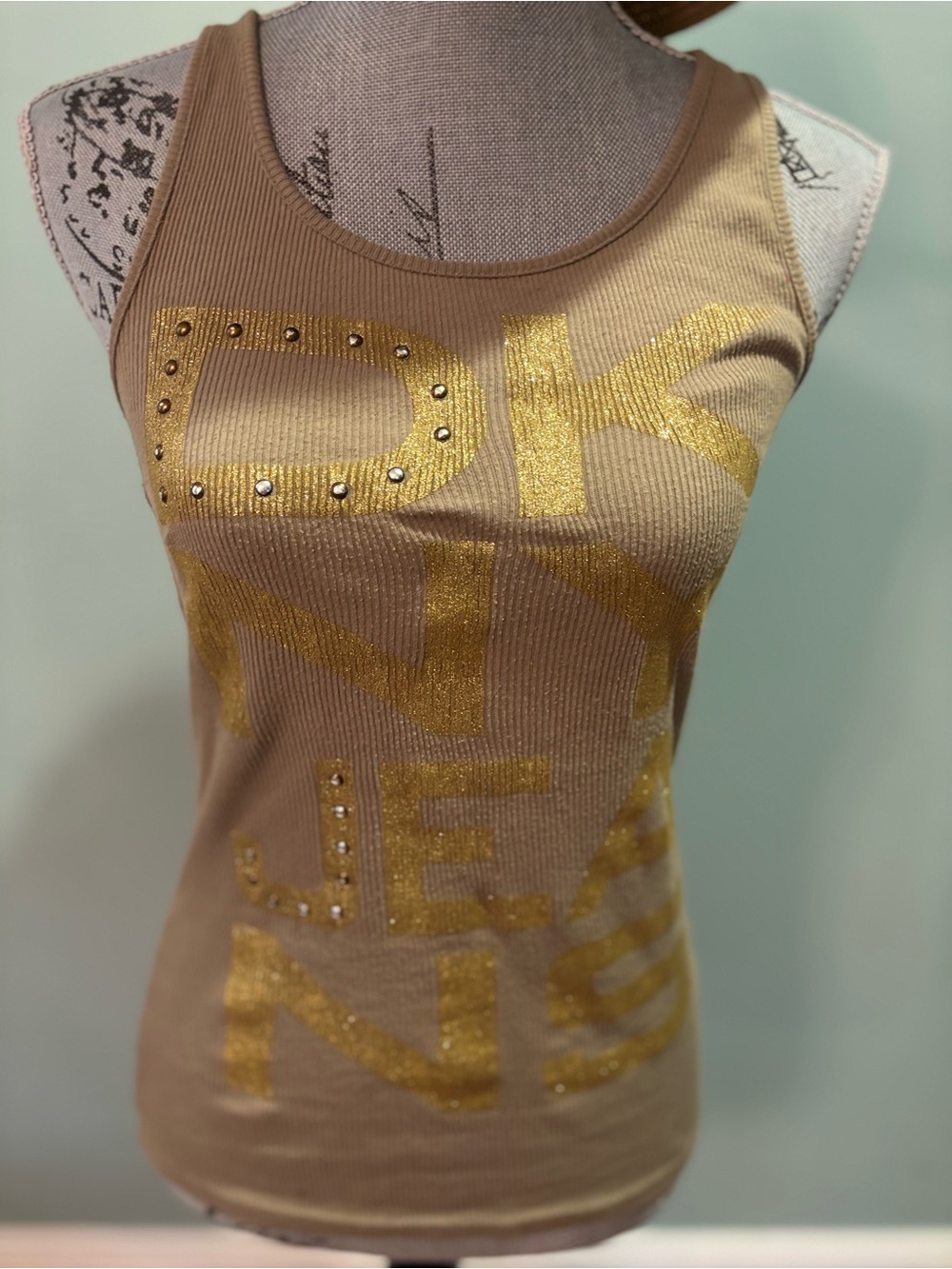DKNY Tan Ribbed Tank with Gold Studded Logo